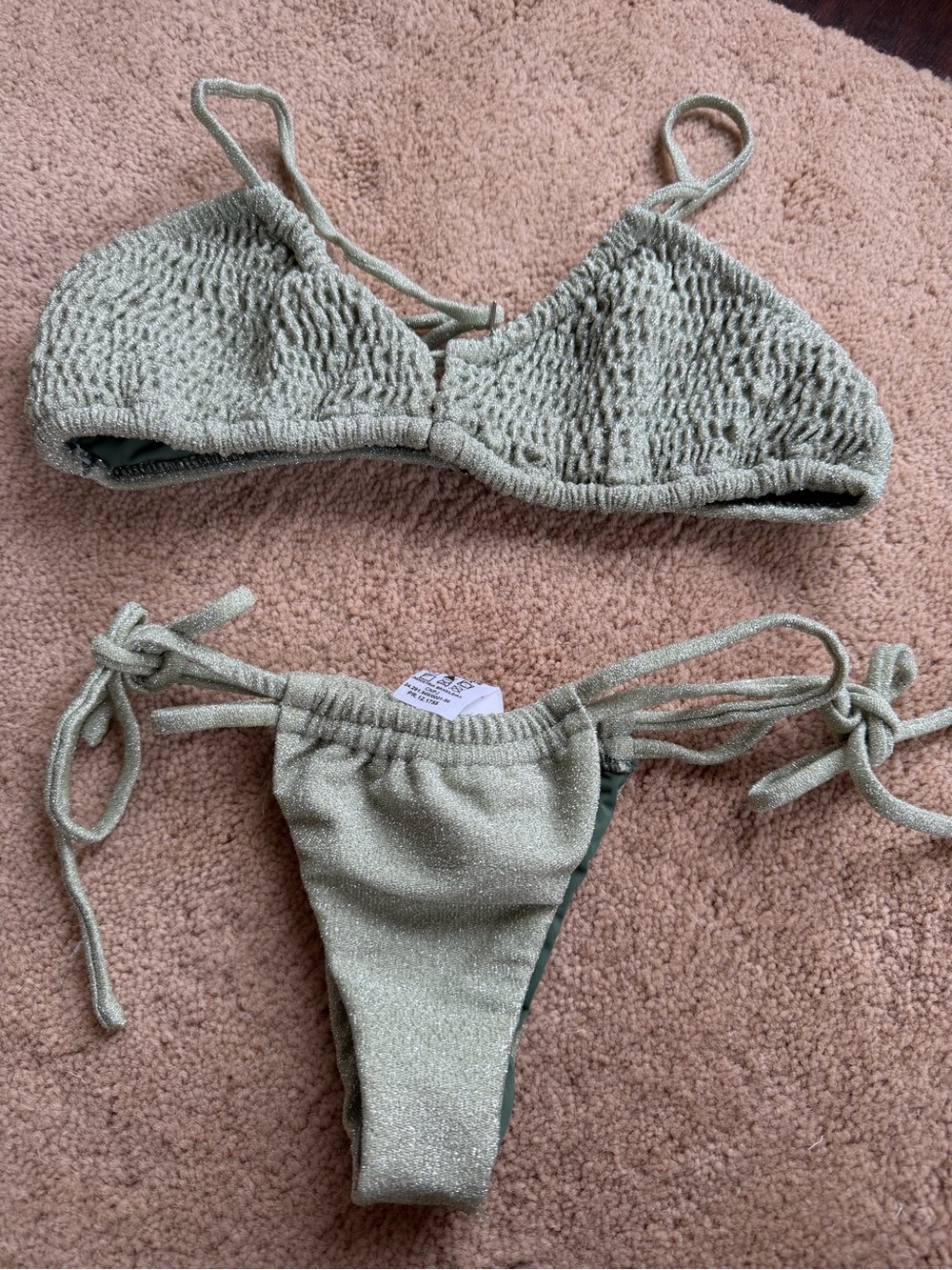 Smocked Olive Green Shimmer Tie-Side Bikini Set - Women